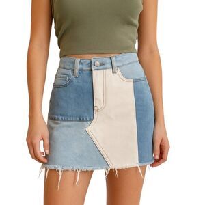 PACSUN Size 23 All Cotton Denim Mini Skirt Blue White Patch Work Frayed Hem